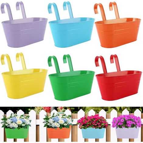 Lot de 6 pots de fleurs suspendus en métal - 27,5 cm - Multicolore - Pour balcon, clôture, jardin (1/5)