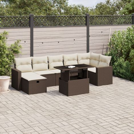 Ensemble de Jardin 8 Pièces en Résine Tressée Marron avec Coussins Crème et Table à Hauteur Réglable - Salon d'Extérieur Modulaire (1/4)
