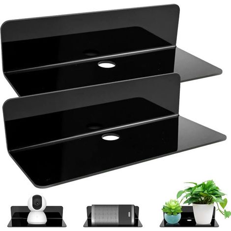 Set mit 2 schwarzen Wandregalen, ohne Bohren, schwebendes Wandregal, leicht zu erweiternde Acryl-Wandoberfläche mit Kabelklemmen für