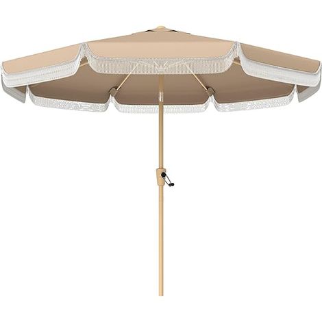 Parasol de jardin extérieur 266 cm, parasol inclinable avec franges, manivelle, 8 baleines, toile polyester 180 g/m² anti-UV 30+, pour balcon, piscine, terrasse, kaki (1/5)