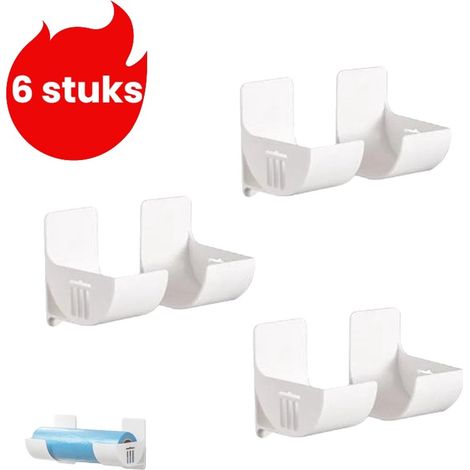 Lot de 6 étagères de rangement de cuisine sans perçage pour sacs poubelle film alimentaire et accessoires support de rangement multifonction pour cuisine et salle de bain couleur blanche (1/5)