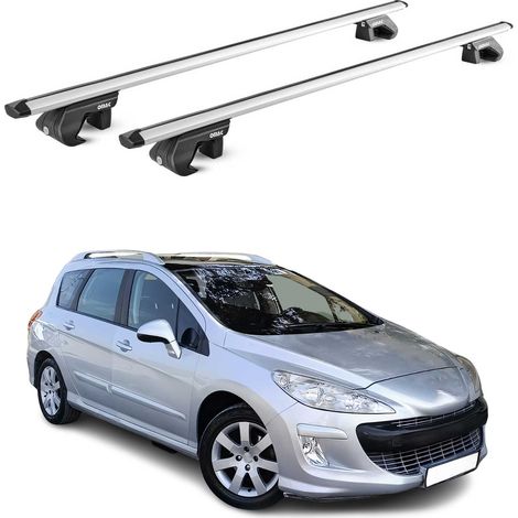 OMAC Dachträger Aluminium TÜV geprüft für Peugeot 308 I Kombi 2007-2013 – Für Standard Dachreling – T Nut – Max 90 kg – 2 Schlösser Silber (1/5)