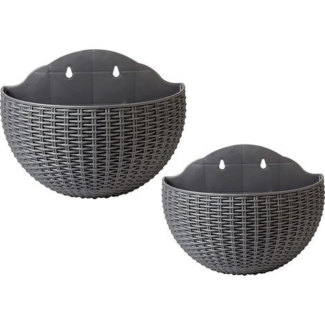 Deux pots de fleurs muraux en rotin tressé, paniers à plantes semi-circulaires en plastique avec crochets de drainage (1/5)