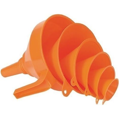 Juego de embudos universales de HDPE de 50-75-100-120-150-160 mm, color naranja.