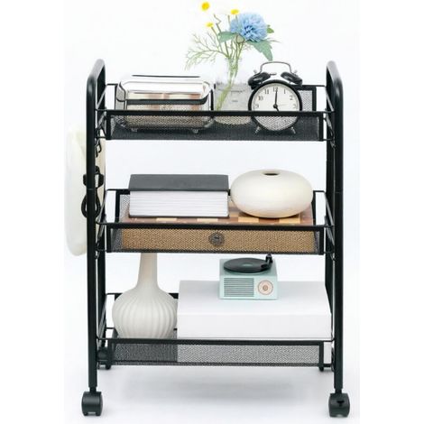 Carrello a 3 livelli con cesti in rete e ganci, nero, acciaio, 45 x 26,5 x 63 cm (1/5)