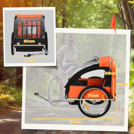 Remorque vélo enfant (2 sièges, 2 ceintures de sécurité, cadre en acier, housse en tissu Oxford orange incluse) (1/5)