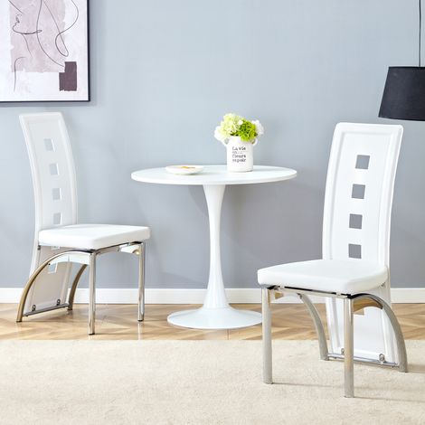 [Pack de 2] Fauteuils de table au style scandinave, tissu simili-cuir blanc à découpes géométriques, piètement acier chromé, assise 102,5 cm, parfaits pour cuisine ou loft contemporain. (1/5)