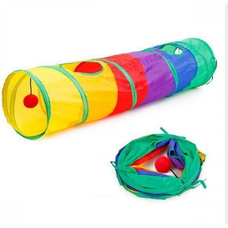 Tunnel De Jeu Pour Chat - 120 Cm - 2 Trous - Polyester - Pliable - Arc-En-Ciel (1/4)