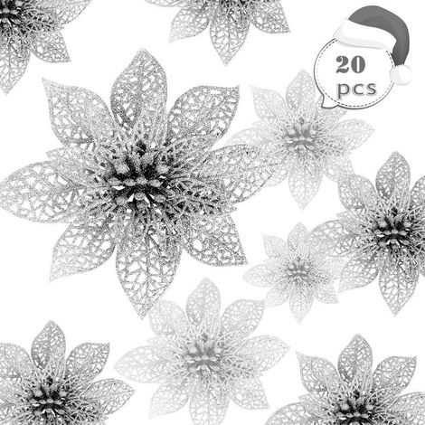 MINKUROW 20 Pezzi Natale Glitter Poinsettia, 15 Cm Albero Di Natale Ornamento Decorazione Di Fiori Di Natale Ornamento Per Ghirlanda Ghirlanda (Argento) (1/5)