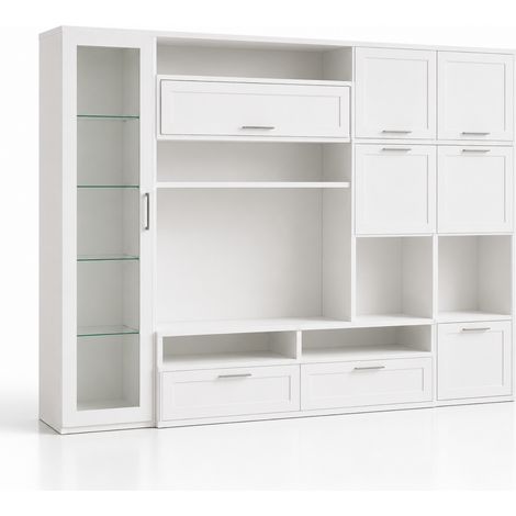 Parete Attrezzata Soggiorno Con Vetrina 6 Ante Battenti E 3 Ribalte Ampio Mobile Porta TV Con Ripiani Design Moderno Zona Living Elegante Minimal Funzionale 300 x 50 x 215 Cm Bianco (1/5)