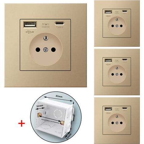 Ensemble de 4 prises murales avec USB et Type-C, 5V 2.1A, norme UE, prise USB encastrée, multiprise avec boîtier de montage, 110-250V (Or).