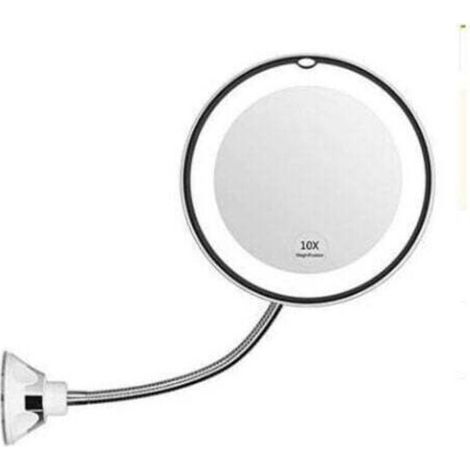 Miroir grossissant flexible avec lumière LED Grossissement 10X Ventouse puissante Miroir de courtoisie éclairé Miroir de maquillage de maquillage--