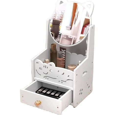 Organiseur de maquillage de bureau, tiroir de rangement pour produits cosmétiques avec miroir rabattable, miroir de courtoisie, boîtes de rangement pour bijoux de bureau pour filles (1/4)