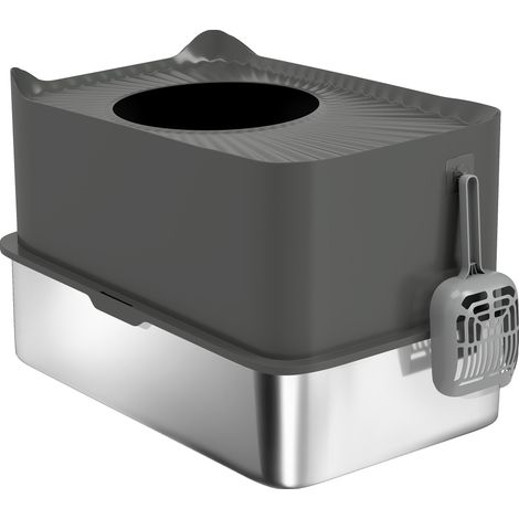 Stainless Steel Cat Litter Tray, Extra Large Enclosed Litter Box Scoop, Top Entrance, Non-slip Pads, Dark Grey (1/5)