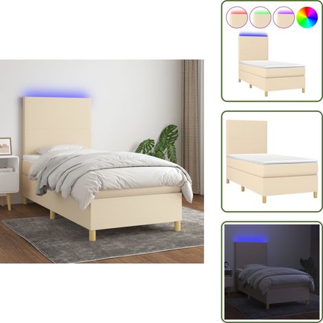 Cama con LED - vidaXL Cama box spring colchón y luces LED tela crema 90x200 cm - Cama con techo