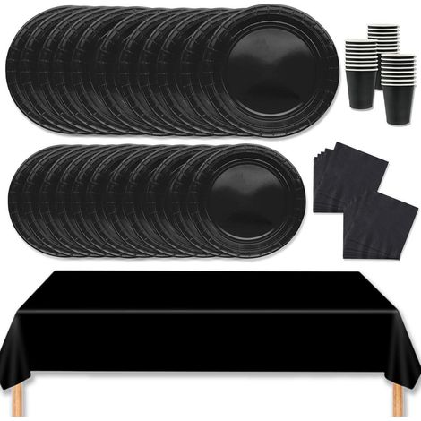 Set de vaisselle de fête 69 pièces Noir pour 16 invités avec nappe