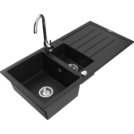 Mexen Andres 1,5-Becken-Granitspüle mit Abtropffläche und Mischbatterie Telma, Schwarz - 6515-77-670