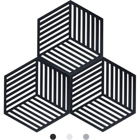 Lot de 3 Dessous de Plats Kitchen Pot Coaster de Protection en Silicone (Noir, Raya Hexagonal: 160x138x8mm) (1/4)