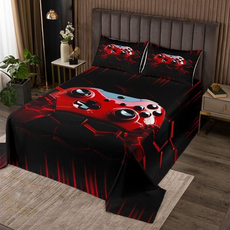 Enfants Console de Jeu Dessus de Lit 260x240,Jeu Couvre-Lit Cool Jeu Vidéo Noir Couverture de Lit Rouge Géométrique Nid d'abeille Literie pour Quatre Saisons Poignée de Jeu Décor de La Maison Literie  (1/5)