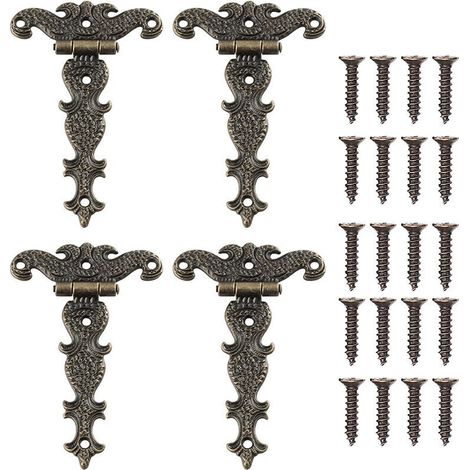 4 Pcs Charnières Vintage Décoratives Sculptées en Bronze Charnière Meubles en Forme de T pour Porte de Placard Boîte à Outils avec Vis