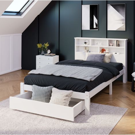 Cama individual 93/219/100 cm blanca de madera maciza con cabecero librería y cajones (1/5)