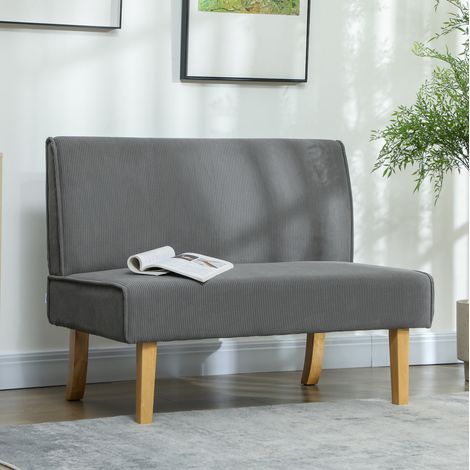 Canapé 2 places compact en tissu côtelé gris, structure bois, assise moelleuse et design sans accoudoirs pour petit salon ou chambre, montage facile – CHICFURN (1/5)