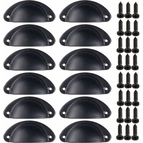 12 Poigne de Coquille Meuble Vintage pour Tiroir Armoire Meuble Cuisine Fer Incurv Bouton de Porte de Placard Retro 8135mm Noir (1/4)