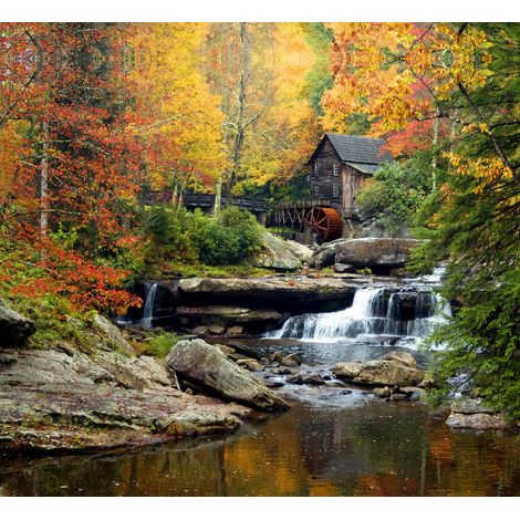 Rideau imprimé décors d' automne cabane en bois roue à aube et végétation 280x245 cm, 2 pièces (1/3)