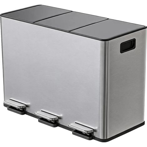 Poubelle de recyclage de cuisine, triple compartiments, pédale à fermeture douce, Argent (1/2)