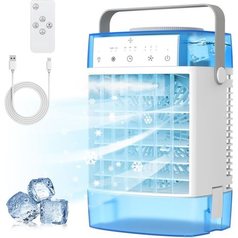 Ventilateur rafraîchissant rechargeable 4 en 1, Petit climatiseur, Ventilateur brumisateur avec réservoir d'eau, minuterie, 7 couleurs d'éclairage