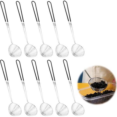 Stainless Steel Spider Strainer Pot Skimmer, with Silicone Handle, Fine Mesh Strainer Spoon with Long Handle, 10 Pieces (Black) (1/5)