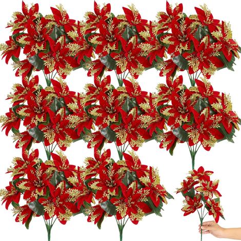 Buisson Artificiel Poinsettia - 12,6 Pouces - Décoration de Noël Intérieur Extérieur - Rouge Or - Lot de 8 (1/4)