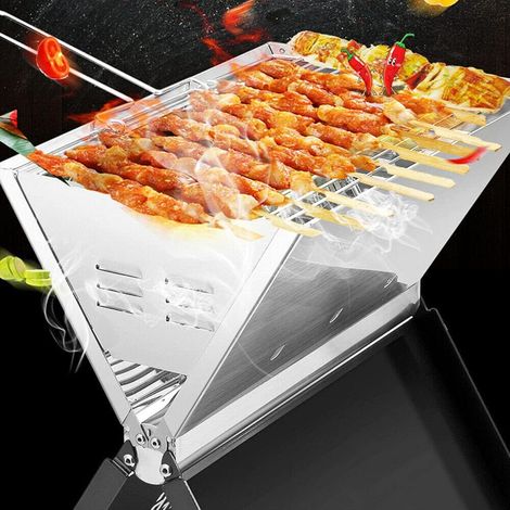 Edelstahl Holzkohlegrill, Klappgrill Outdoor BBQ Grills, Portable Campinggrill, Standgrill Camping BBQ Grill Outdoor Rauch für Garten Camping Picknick und Festivals (Silver)