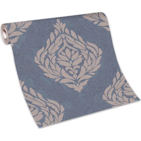 Papier peint baroque bleu & gris chambre adulte chic | Tapisserie baroque grise salon tendance | Papier peint damassé vinyle (1/5)