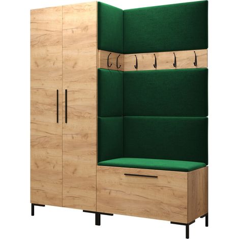 Meuble d'entrée Nomal I, Craft chêne, 196x158x44cm, Stratifié, Tissu, Murale, À poser