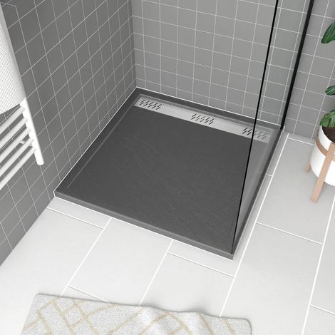 Piatto doccia in acrilico Grigio Effetto Pietra 90x90x4 cm - Griglia Lineare Cromata - METEORA