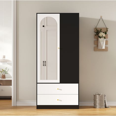 Armadio con specchio e 1 porta, 2 cassetti e 4 ripiani, bianco e nero, 80x40x180 cm (1/5)