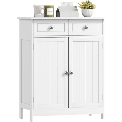 Meuble de salle de bain, unité de rangement avec 2 tiroirs, portes doubles et étagère réglable, 60 x 30 x 75 cm, blanc (1/5)