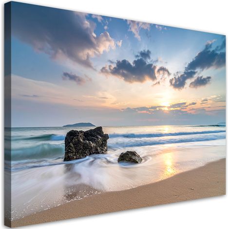 Impression sur Toile, Plage mer coucher de soleil pierres,30x20 (1/4)