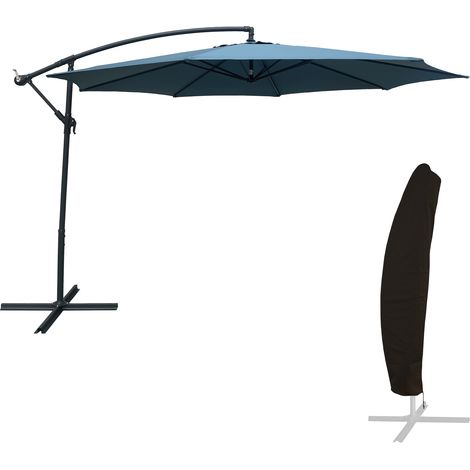Happy Garden – Parasol déporté rond 3,5m – Toile polyester déperlante bleu gris – Mât acier avec manivelle – Protection UV20+ – Housse imperméable