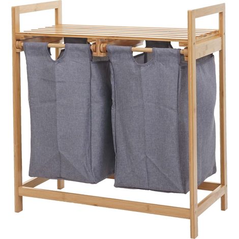 [NEUWERTIG] Wäschesammler HHG-731, Laundry Wäschesortierer Wäschekorb Wäschebehälter, Bambus 2 Fächer 74x64x33cm 70l dunkelgrau