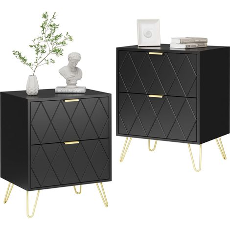 UEV – Lot de 2 tables de chevet scandinaves noires – 2 tiroirs – Panneaux MDF et pieds en acier inoxydable – 40 x 30 x 52 cm