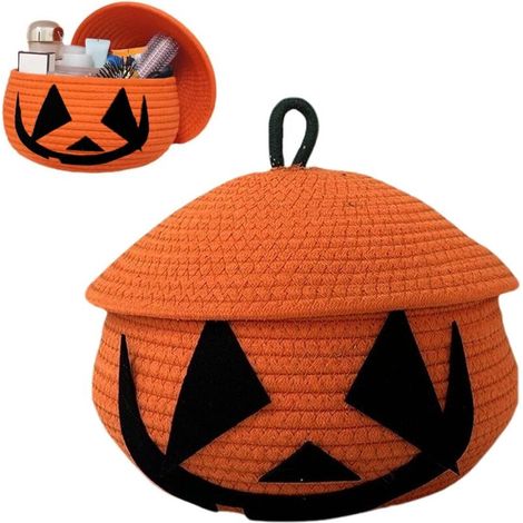 Panier à citrouille avec couvercle, bacs de rangement d'Halloween avec couvercles, panier de rangement de bonbons d'Halloween, paniers tissés pour le rangement, panier en corde tissée pour enfants, bé (1/5)