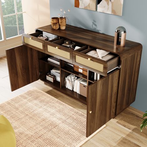 Sideboard 120x40x85 cm Nussbaum MDF und Spanplatte mit Rattanfronten, 3 Schubladen, Stauraum und verstellbaren Einlegeböden (1/5)