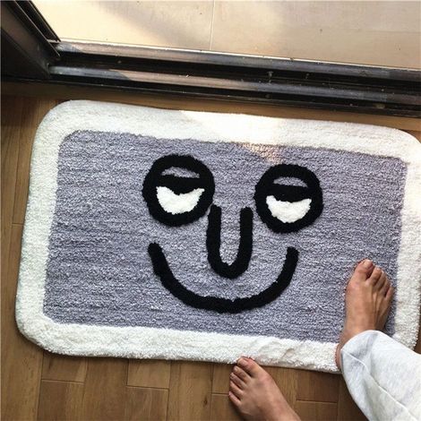Tapis d'intérieur absorbant l'eau, idéal pour la salle de bain et les toilettes. Joli motif visage souriant gris, 40 x 60 cm / 15,7 x 23,6 pouces. (1/5)