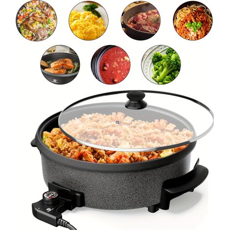 Plat Électrique Multifonction 30x7cm 1500W – Appareil Cuisine 5,6L pour Pizza, Crêpes, Pâtes et Ragout. Couvercle Inclus. Idéal Fête, Camping et Pique-nique (Noir) (1/4)