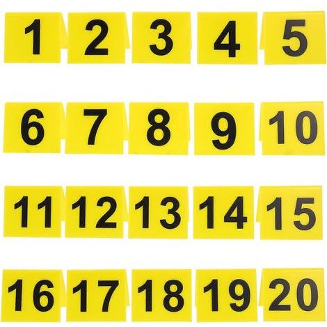 Set mit 20 wiederverwendbaren, nummerierten Acryl-Tischmarkierungen (1–20) für Restauranttische (zur Dokumentation). – 6,30 x 5,50 x 4,50 cm – Gelb (1/4)