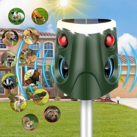 360°-Ultraschall-Solarabwehrgerät – IP55 wasserdicht – 4 einstellbare Modi – blinkende LED-Leuchten zur Abwehr von Katzen, Hunden und Füchsen (1/5)