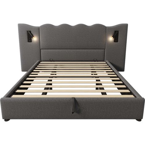 Letto contenitore matrimoniale 180 x 200 con lampada da lettura e USB-C, grigio, lino, MODENUIT (1/5)