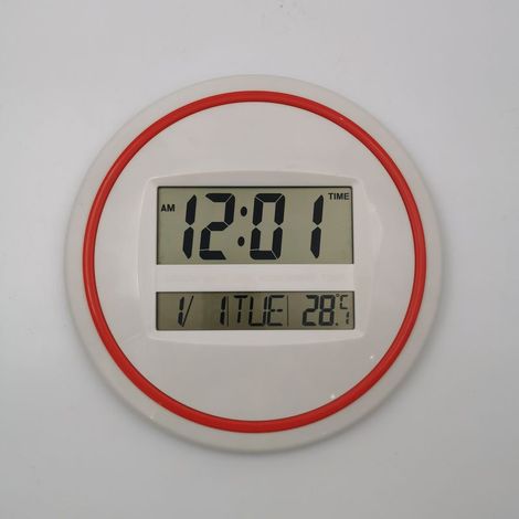 1 horloge murale et de bureau, grand écran LCD rond, affichage heure/réveil/date/jour/semaine/température, silencieuse, avec support rétractable (1/5)
